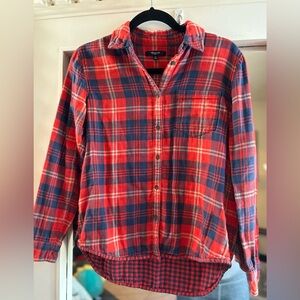 Madewell Orange Red Blue Long Sleeve Button Down Plaid Flannel Size XS